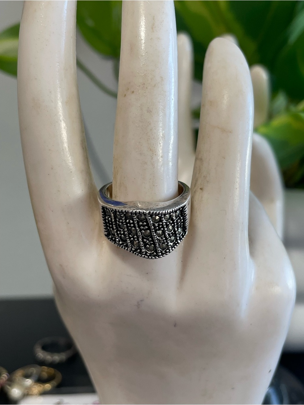 Silver Marcasite Shield Ring - Black Accent